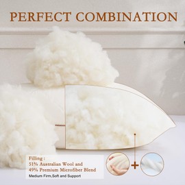 YOUR MOON Standard Size Organic Wool Pillow, Soft Support Bed Pillows for Sleeping, Natural Wool Filling, Luxury Down Alternative Pillow for Side & Back Sleepers, 100% Cotton Cover (Beige)