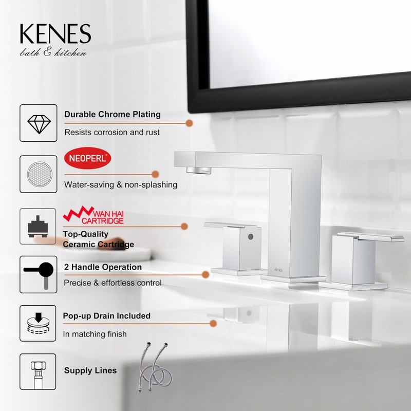 KENES Polished Chrome Widespread Bathroom Faucet 2 Handle Bathroom Sink