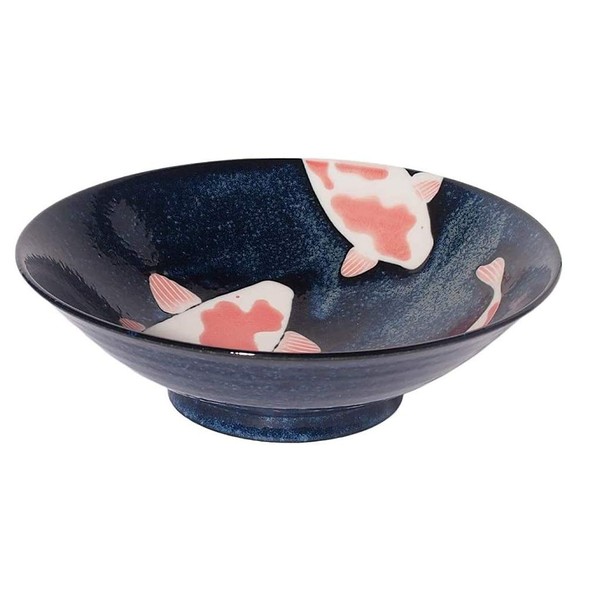 Japanese Mino-yaki Ceramic Donburi Bowl, Extra Large Size for Ramen, Salad, Made in Japan, 25.5cm, Luck Bringing Red Carp Pattern, Black 8309091