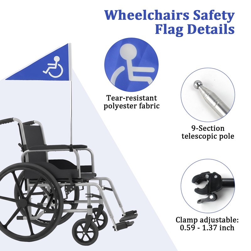 Wheelchairs Safety Flag with 5.3ft Retractable Flagpole and Sturdy Clamp,