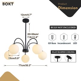 BOKT 5 Light Mid Century Modern Milk Glass Chandelier Black Sputnik Pendant Lights Kitchen Island Large White Globe Dining Room Lighting Vintage Height Adjustable hanging Ball Chandelier Light Fixture