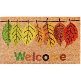 HomeRoots 17" X 29" Natural Green and Orange Coir Botanical Leaves Welcome Outdoor Fall...
