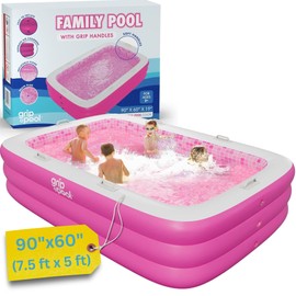 Inflatable for Kids and Adults 90"x60" (7.5'x5') with Soft Padded Floor, Handles and Drain, Kiddie Swimming Pool, Big Blow Up Backyard Pool for Ages 3+, Playful - Pink