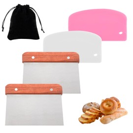 BORISCA Set of 4 Kitchen Scrapers, 2 Dough Scrapers Stainless Steel + 2 Plastic Dough Spatulas with a Storage Bag, Kitchen Scraper, Wooden Handle, Bench Scraper, Large Dough Card for Cakes, Pizza