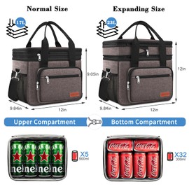Expandable Insulated Large Cooler Lunch Box for Men 23L Heavy Duty Double Deck Leakproof Lunch Bag with 4 Ice packs&2 Snack Bags for Adult/Construction/Women/Work/Picnic/Camping -Brown