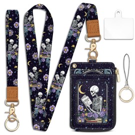 Goth Skeleton Book Lanyard Wallet with ID Badge Holder, Flowers Moon Star Small RFID Wallet Women Keychain Wristlet, Slim Credit Card Holder with Zipper Pocket Phone Lanyard Wrist Strap Office Teacher