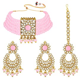 Aheli Kundan Pearl Choker Multi Layered Necklace Earrings with Maang Tikka Set Indian Traditional Wedding Jewelry Gift for Women Pink