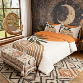 Sun Moon Abstract Comforter Set Queen Size,Boho Exotic Leaves Plants Bedding Set for Kids Girls Home Bedroom Decor,Modern Line Art Down Comforter,Sunrise Sunset Vintage Duvet Insert,2 Pillowcases
