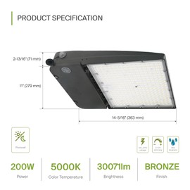 ASD LED Parking Lot Light Fixture | 200W 30000LM 5000K 100-277V IP66 | Dimmable, Photocell, Waterproof, DLC, UL Listed | Dusk to Dawn Outdoor Lamp, Shoebox Area Lighting | Bronze