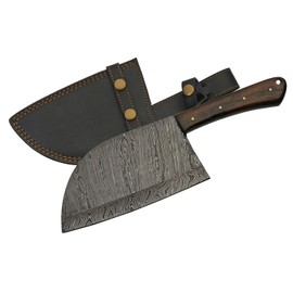 Szco Supplies 11.5" Walnut Wood Handle Full-Tang Damascus Steel Butcher's Cleaver Knife with Leather Sheath