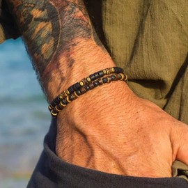 ALRNBY Puka Shell Bracelet for Men Wooden Bracelets Turquoise Stack Beaded Minimalist Trendy Jewelry for Friend Gift (2pcs-Brown Black)