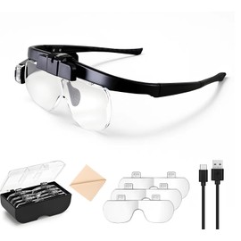 ZOBMIO Lupe mit Licht USB, Kopf Lupenbrille für Brillenträger, Lupenglas 1.5X, 2.0X, 2.5X Fach Vergrößerung, Kopflupe Leselupe mit Led Beleuchtung Leselupen Set für Lesen Hobbys Handwerk Brillenlupe