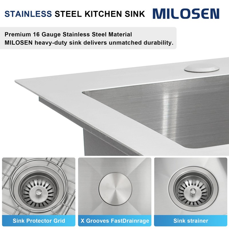 MILOSEN Bar Sink 15''×17'', Drop in T304 Stainless Steel Sink,