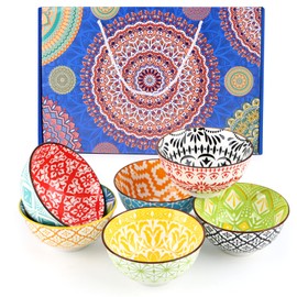 4.6inch Boho Ceramic Salad Bowl Set of 6, Colorful Porcelain Kitchen Soup Serving Bowls Dessert Bowls Set for Cereal, Soup, Fruit, Pasta, Rice, Oatmeal, Ramen, Cereal, Snack