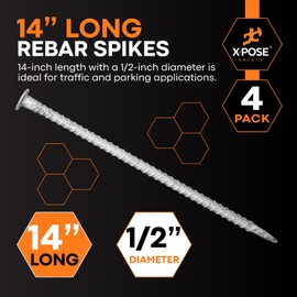 Heavy Duty Rebar Stakes 14" - 1/2" Diameter Threaded Galvanized Steel Spikes – 4 Pack Metal Ground Stakes for Speed Bumps & Wheel Stops – Support Estacas de Metal – Durable Asphalt Surface