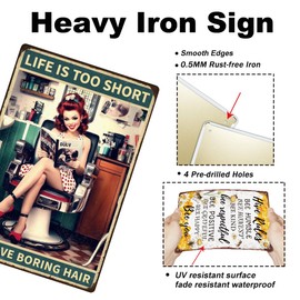 Hobbspring 1pc Vintage Metal Tin Signs 30x20cm Salon Hairstylist Signs Life is Too Short to Have Boring Hair Poster for Hair Stylist Barbershop Home Wall Decor Bar Pub Diner Cafe Wall Decor