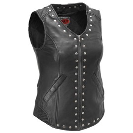 First Mfg Co - Empress - Women's Motorcycle Biker Riding Black Leather Vest - Medium - Conceal Carry Pockets Accordian Stretch Relief Rivet and Corset Detailing