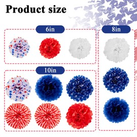 12 Pcs Patriotic Decorations Blue White and Red Tissue Paper Pom Pom Flowers 4th of July Party Decorations for Patriotic Party Independence Memorial Day Indoor Backdrop Holiday Decor