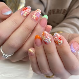 BFY Flower Press on Nails Medium Almond Fake Nails, Colorful Flowers French Acrylic Nails Tip, Spring Summer Nude Glossy Gel False Nails Kits Natural Fit Stick on Nails Glue 24Pcs
