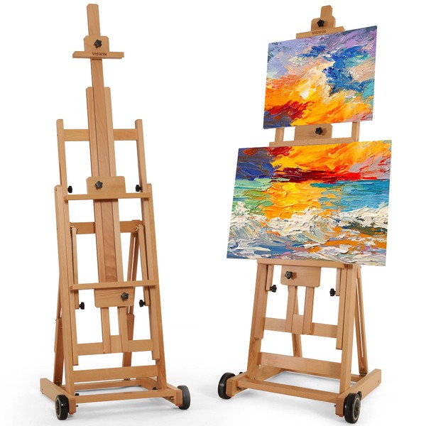 VISWIN Collapsible H-Frame Easel, Hold 1 or 2 Canvas up to 78", Adjustable Beech Wood Easel for Painting, Movable & Tilting Flat Floor Art Easel Stand, Studio Art Easel for Adults, Artists - Natural