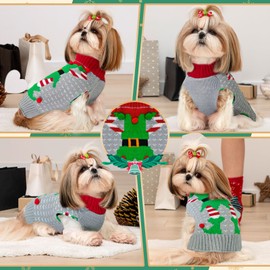 ABRRLO Dog Christmas Sweater Cute Grey Elf Clown Xmas Dog Cat Outfit New Year Holiday Costumes Puppy Cat Sweater with Leash Hole for Small Medium Large Dogs Girl Boy Turtleneck Winter Warm Pet Clothes