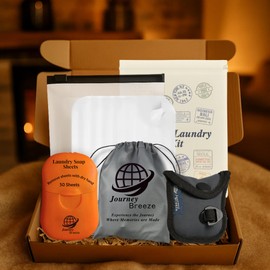 Travel Laundry Gift Set – 6-Piece Bundle with 50 Pocket Laundry Sheets (Fresh Linen Scent), Lightweight and Heavy Duty Clothesline, Sink Stopper, Canvas Carry Bag & Breathable Frosted Zip Pouch