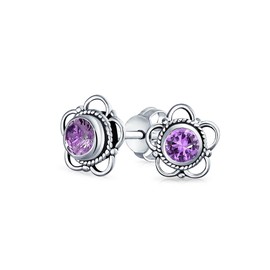 Bali Style Tiny Round Open Flower Gemstone Amethyst Stud Earrings For Women .925 Sterling Silver February Birthstone