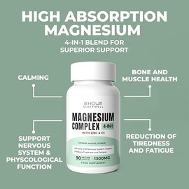 Magnesium Glycinate Capsules 1300mg | 4-in-1 Complex | 8 Hour Sleepwell