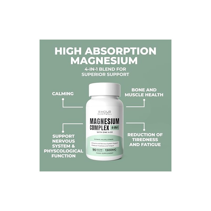 Magnesium Glycinate Capsules 1300mg | 4-in-1 Complex | 8 Hour