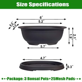 MUZHI 3 Pack Oval Bonsai Training Pot with Drainage Tray, Matte Finish Nursery Plastic Bonsai Planter with 25PCS 2inch Mesh pad (5.2" Small)
