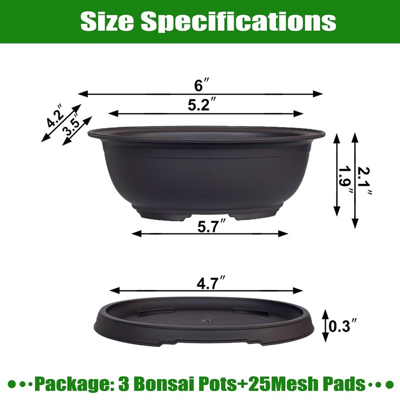 MUZHI 3 Pack Oval Bonsai Training Pot with Drainage Tray,