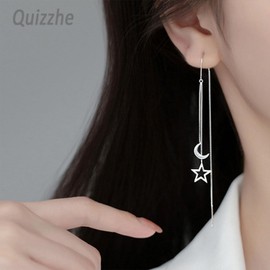 Quizzhe Dainty Star Moon Drop Dangle Earrings 925 Sterling Silver Hollowed Star Moon Ear Line Tassel Dangling White Gold Minimalist Long Chain Threader Earrings Jewelry Gifts for Womens (Silver)