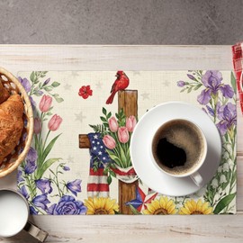 American Flowers Placemats 4th of July Place Mats,12x18 Inch Patriotic Memorial Day Table Mats for Holiday Indoor Outdoor Party Kitchen Dining Table Set of 6