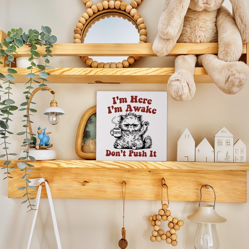 Funny Office Desk Decor, Cat Coffee Wooden Sign, Cute Office
