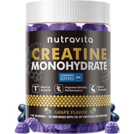 Nutravita Creatine Monohydrate Gummies for Men & Women-5g of Creatine Monohydrate per Serving - Sugar Free,Vegan, Grapes Flavor, 120 Count