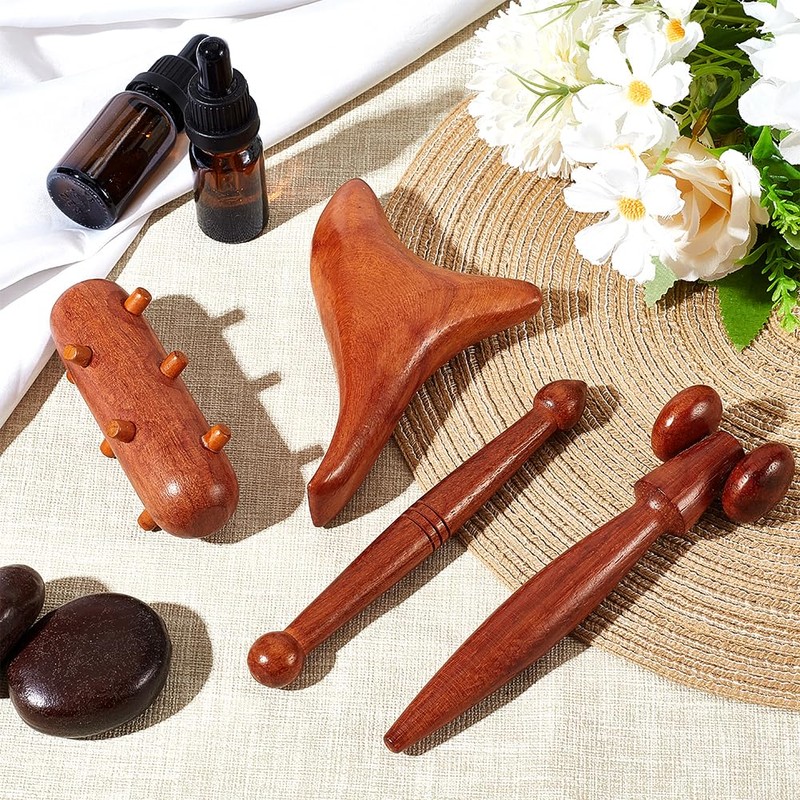 AHANDMAKER 4Pcs 4 Styles Massage Tool Set, Wooden Gua Sha