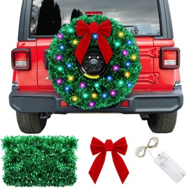 Knitgrip 6 Pcs Christmas Car Wreath Spare Tire Decoration Tire Cover DIY Kits with LED 132 ft Tinsel Green Garland Large Red Bow String Lights for Truck SUV Xmas Holiday Outdoor Decor