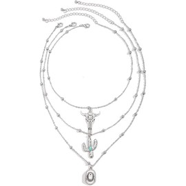 Western Turquoise Layered Chain & Cactus Necklace Set with Silver Bull Head Charm - Boho Brown Suede Choker and Retro Imitation Stone Country Jewelry for Women, Cowgirl Concert Accessories Gifts