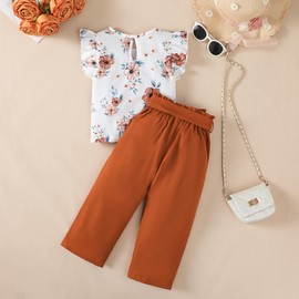 Valseclub Girls 2 Piece Outfits Flower Print Ruffle SleeveTank Top and Wild Leg Pants Spring Summer Clothes Set 2-8 Years