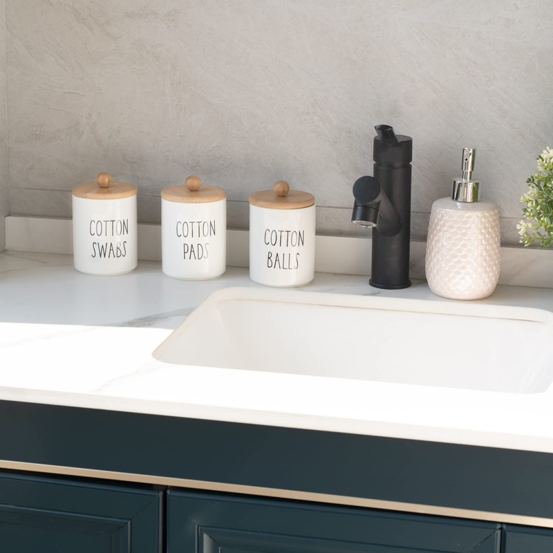 Mkono 4 Pack Qtip Holder Dispenser with Bamboo Lids, Ceramic