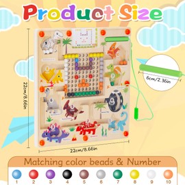 Magnetic Colour and Number Maze, Montessori Magnetic Wooden Maze Board Counting Sorting Matching Games, Educational Learning Dinosaur Magnetic Labyrinth Toy for Kids Toddlers Age 3-6