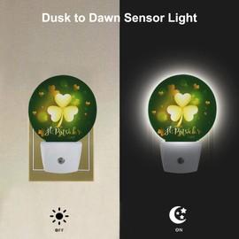 EKOBLA Happy St Patrick Night Lights Plug into Wall Glitter Golden Shamrock Leaves LED Dusk to Dawn Night Lamp Auto Sensor for Home Indoor Bathroom Hallway Kitchen