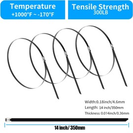 XINGO 14 inch Black Metal Zip Ties (100 Pack), 304 Stainless Steel Heavy Duty Zip Ties, 300lbs Tensile Strength, Multi-Purpose Self-locking Cable Ties for Exhaust Wrap, Outdoor and Canopy Etc