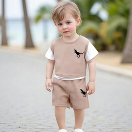 Infant Baby Boy Summer Clothes Set Dinosaur Embroidery Short Sleeves T-Shirt Top Shorts Set 2 Pieces Waffle Outfits (Khaki, 18-24 Months)