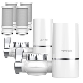 Vortopt 2 Faucet Water Filter for Sink, Rapid Flow - 400 Gallons Faucet Mount Water Filtration System for Tap Water, NSF Certified Reduces Chlorine & Bad Taste with 4 Replacement, T1
