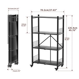 KWRRI 4-Tier Metal Foldable Shelf Shelving Rack Organizer on Rolling Wheels in Kitchen, Pantry, Basement, Collapsible Shelves, No Assembly (Black, 4-Layer)