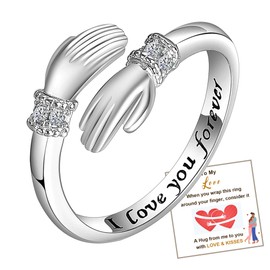 OAOMRIA Hug Ring 925 Sterling Silver Hug Ring for Women Silver Hand Ring Open Thumb Ring Adjustable Hug Ring for Women Mother Lover Sterling Silver Hug Ring with Inspirational Cards