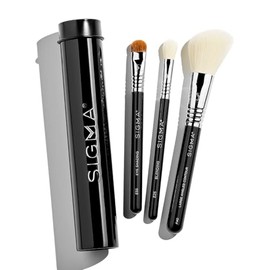 Sigma Beauty Travel Essential Trio - Juego de brochas de maquillaje para base en polvo, sombra de ojos, 3 brochas de herramientas con soporte de lata, color negro