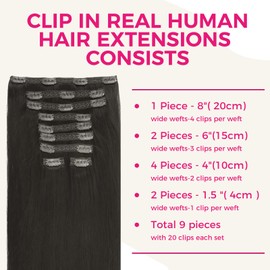 Lashey Clip in Hair Extensions, Straight 9pcs 150g Natural Black, 22 Inch Real Human Hair Thick Hair Extensions Clip ins for Black Women