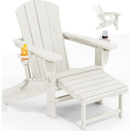 KINGYES Folding Adjustable Adirondack Chair with Ottoman & 2 Cup Holders, HDEP Multifunctional Adirondack Chair with Footrest, White